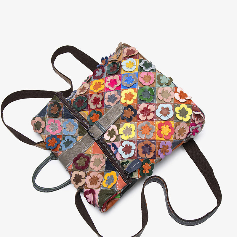 Colorful Plaid Floral Patchwork Genuine Leather Crossbody Bag for Women