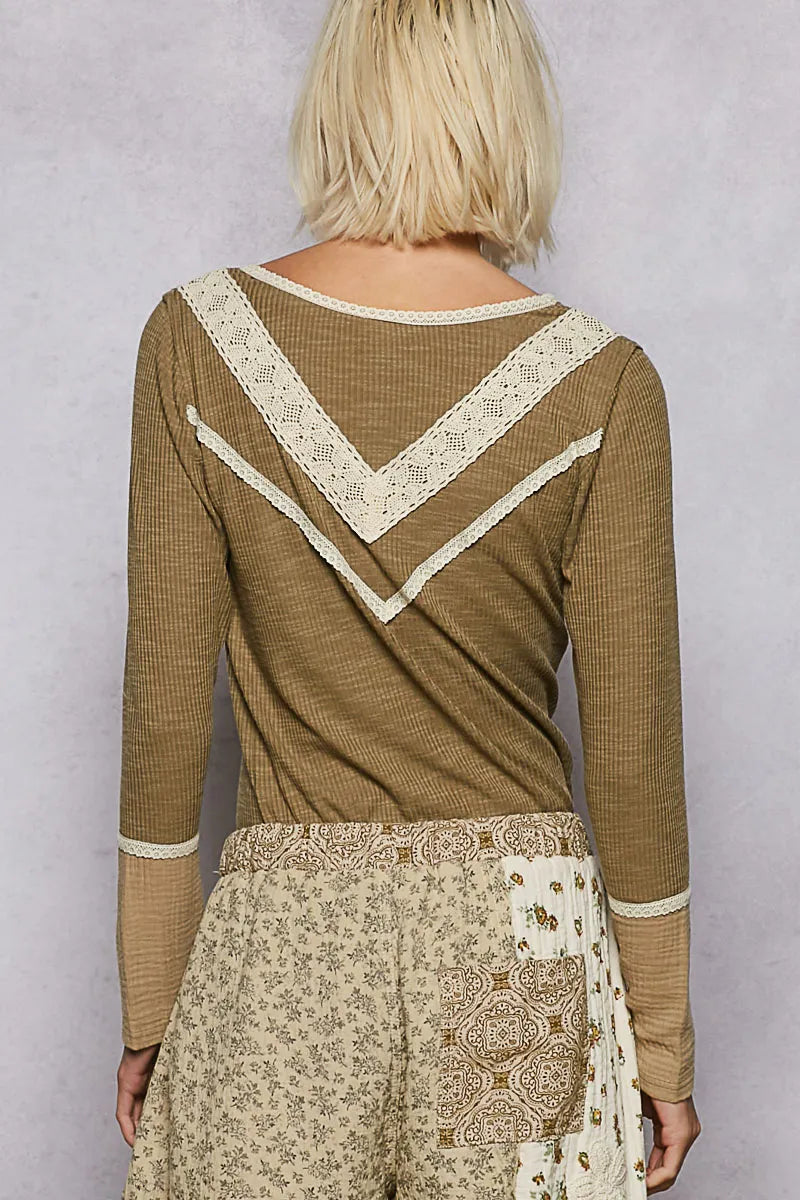 Ribbed Half Button Lace Detail Knit Top