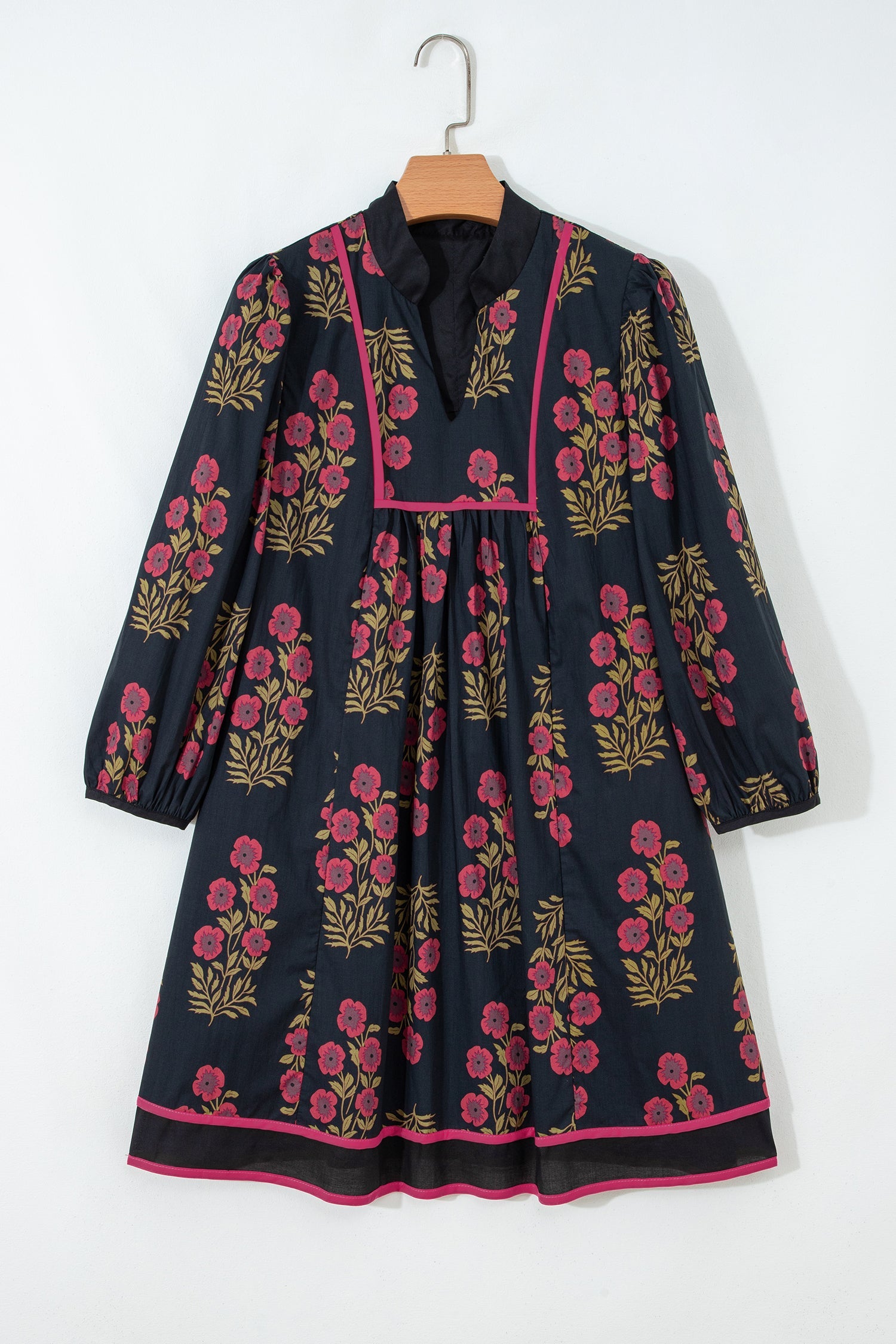 Black Floral Print Notched Neck Piping Trim Bracelet Sleeve Babydoll Dress