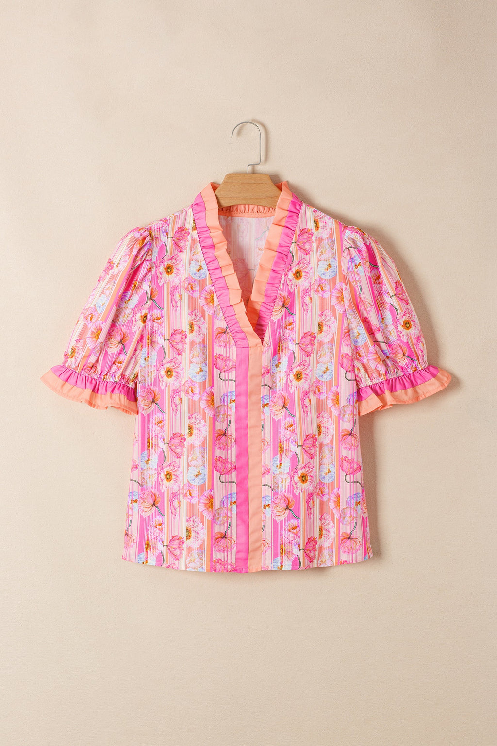 Pink Poppy Flower Striped Print Color Block Trim V Neck Short Sleeve Blouse