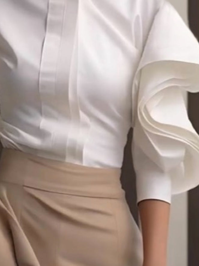 Half Sleeves Ruffle Sleeves Solid Color Stand Collar Blouses&Shirts Tops