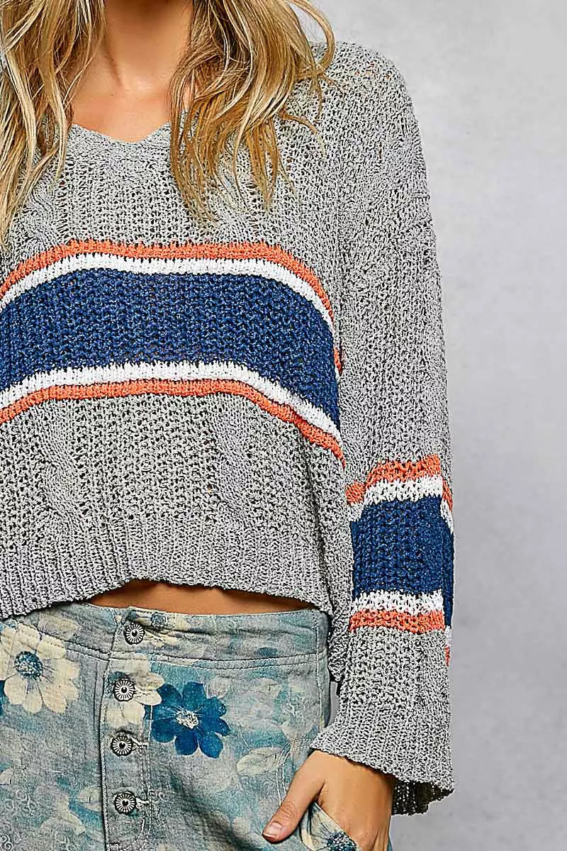 V-Neck Striped Pattern Cropped Knit Top with Cable Knit Detail