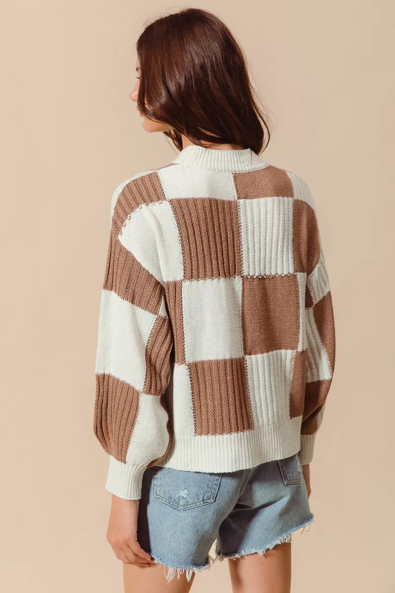 Ribbed Color Block Checkered Plaid Sweater