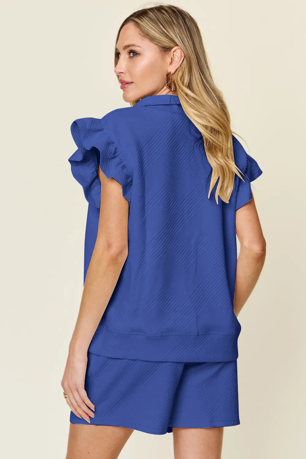 I am a Fashion Junky Full Size Texture Flounce Sleeve Top and Drawstring Shorts Set