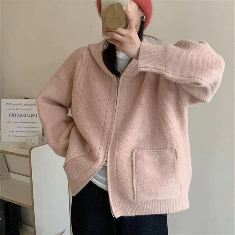 Solid Color Long Sleeve Hooded Zipper Pockets Casual Loose Cardigan Sweater