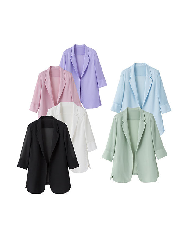 Long Sleeves Loose Solid Color Split-Side Sun Protection Notched Collar Blazer Outerwear