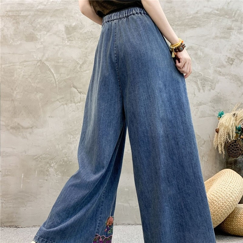 Wide Leg High Waist Embroidered Tie-Waist Pants