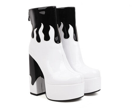 Women's Patent Leather Colorblock Ankle Boots | Chunky Heel Zipper Boots