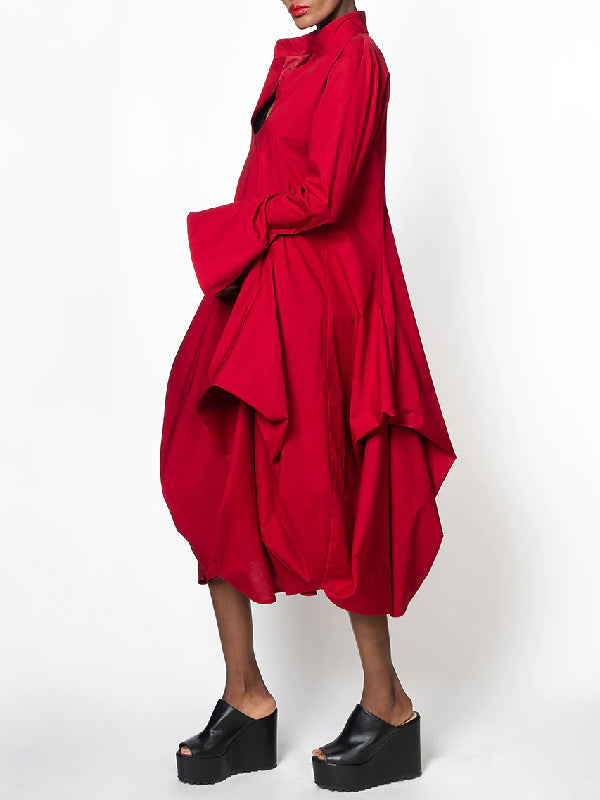 Chic Relaxed Fit Stand-Collar Long Sleeve Midi Dress