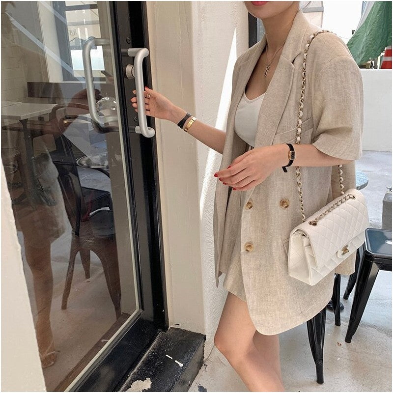 Solid Color Short Sleeve Suit Jacket and Shorts Set