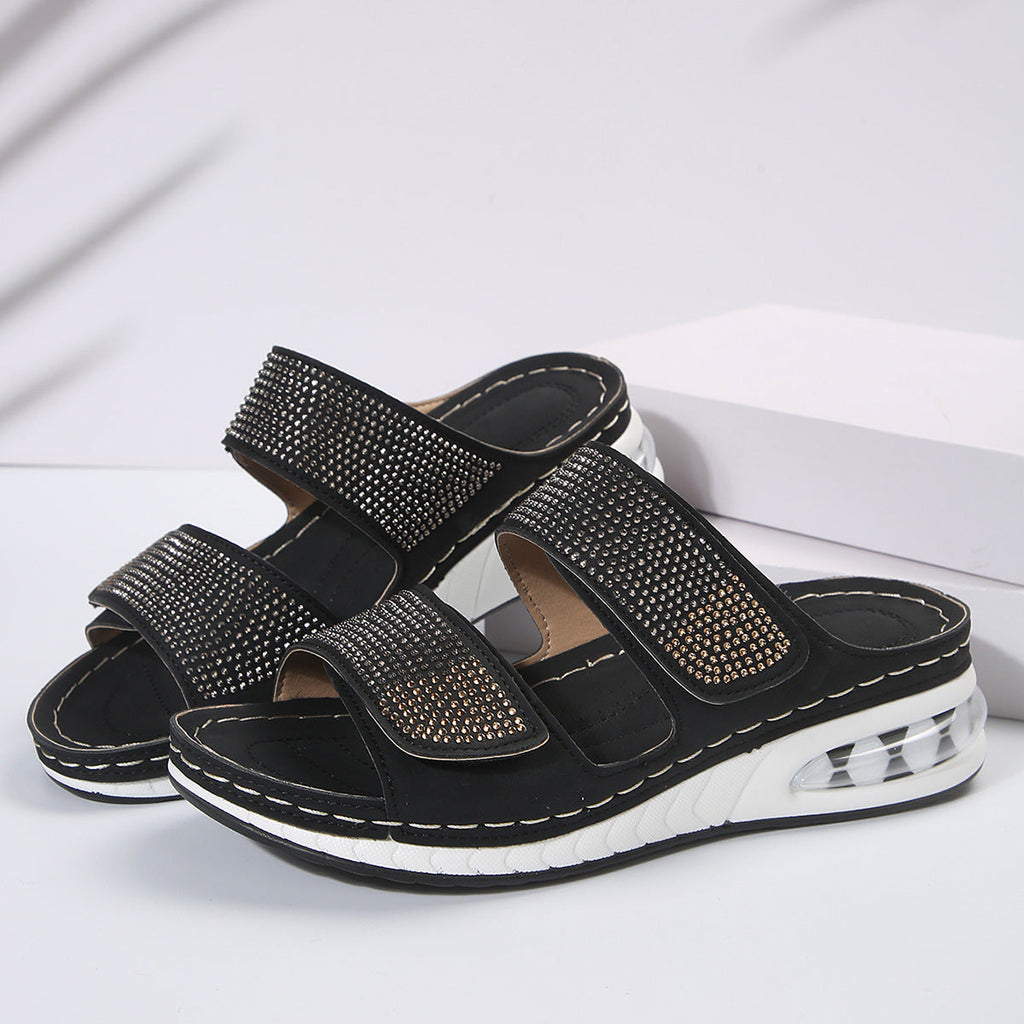 Women's Air Cushion Wedge Sandals – Rhinestone Embellished Beach Slides with Non-Slip Wedge Sole