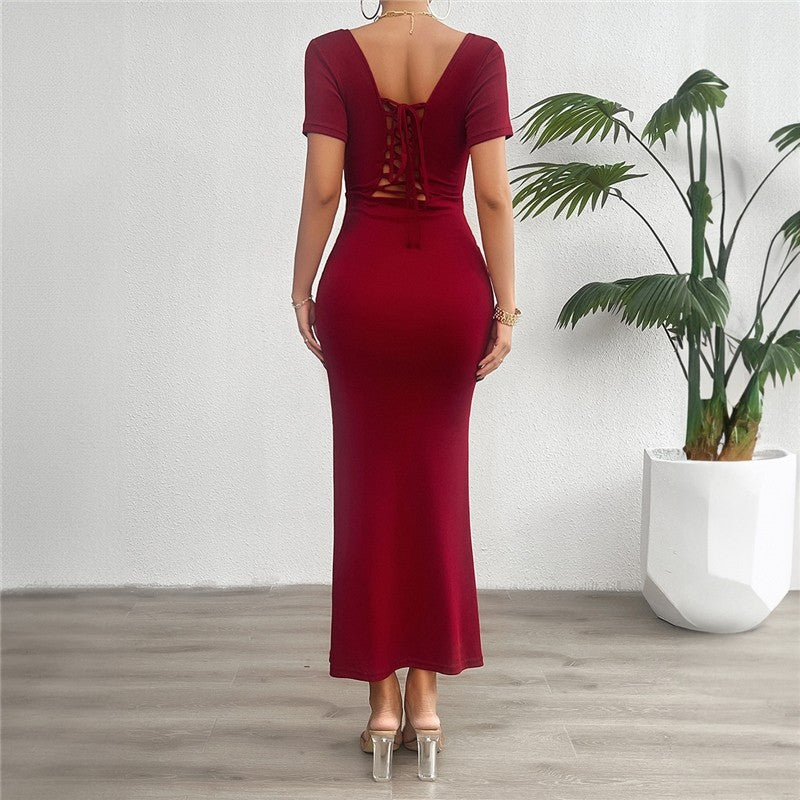 Stylish Solid Color Slim Fit Short Sleeve Dress