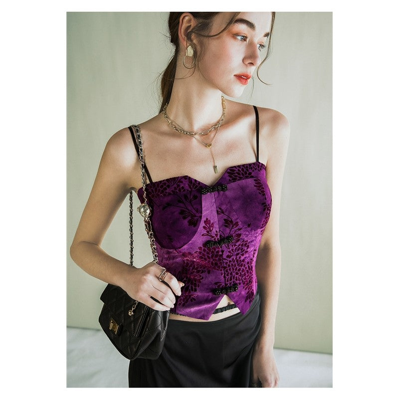 Sleek Embroidered Retro Vest with Spaghetti Straps