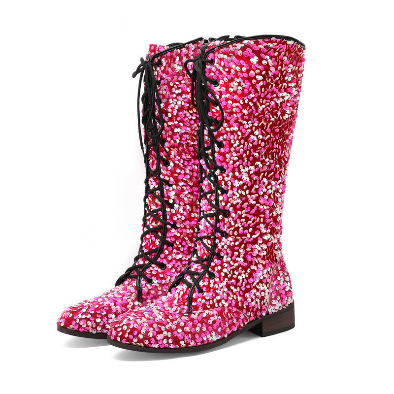 Women's Glitter Sequin Over-the-Knee Boots | Chunky Mid Heel, Lace-Up, Round Toe
