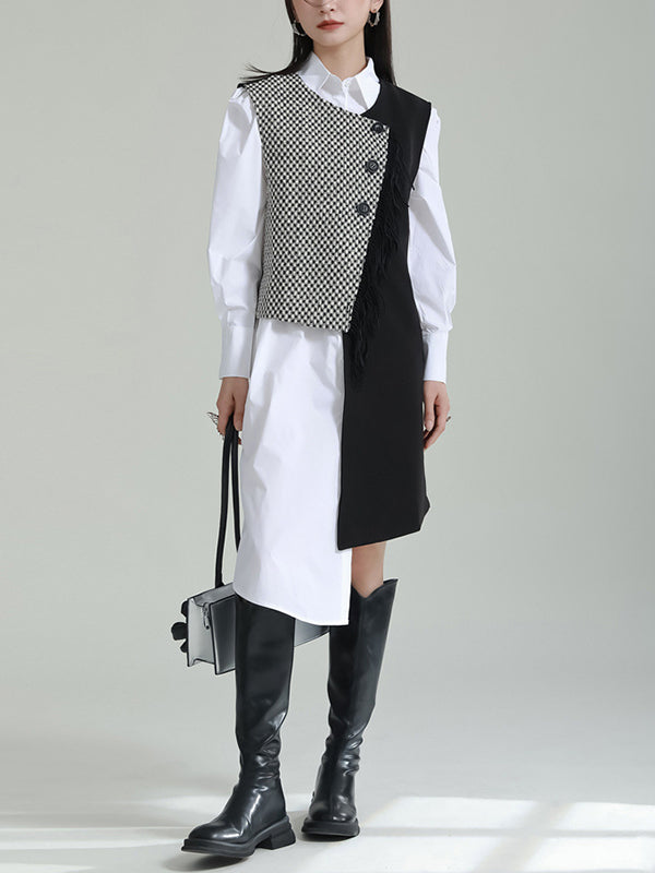 Sleeveless Asymmetric Buttoned Houndstooth Vest Outerwear