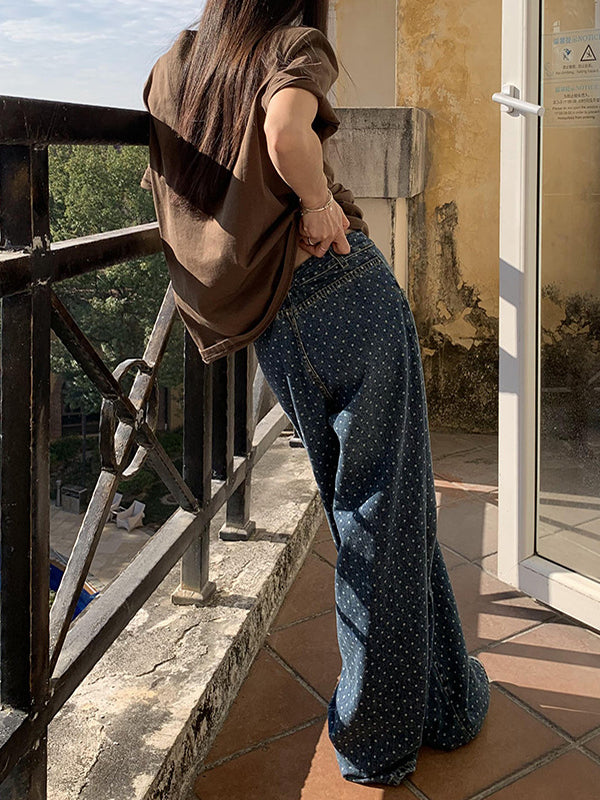 Loose Wide Leg Polka-Dot Split-Joint Jean Pants Bottoms