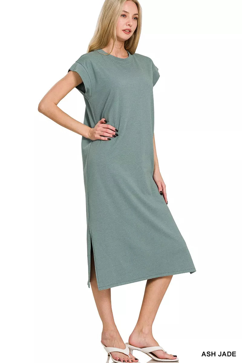 Round Neck Side Slit Midi Dress