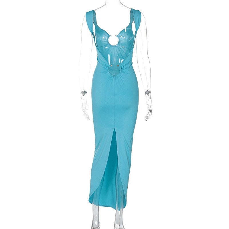 Solid Color V-Neck Backless Split Slim Fit Dress