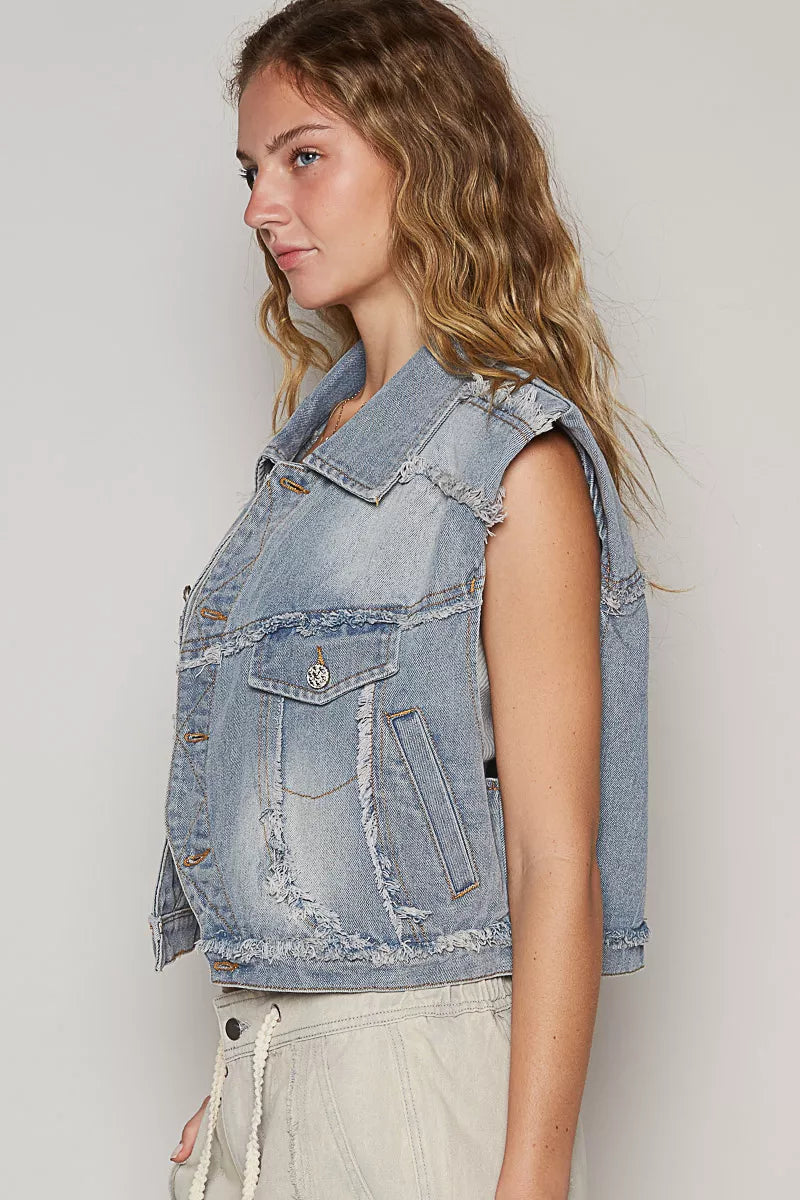Assymetrical Front Closure Raw Hem Denim Vest