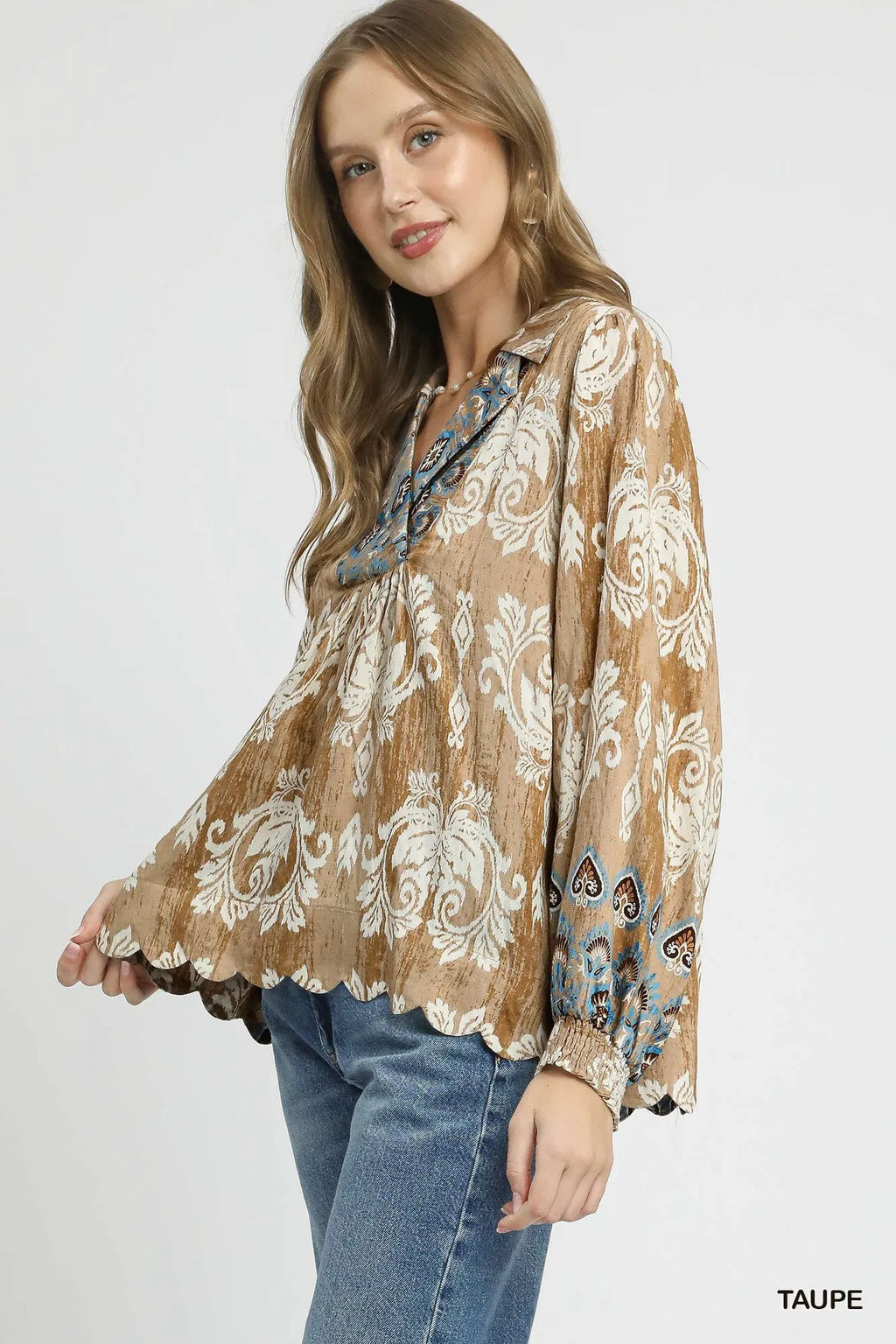 Floral Boho Blouse with Scalloped Hem