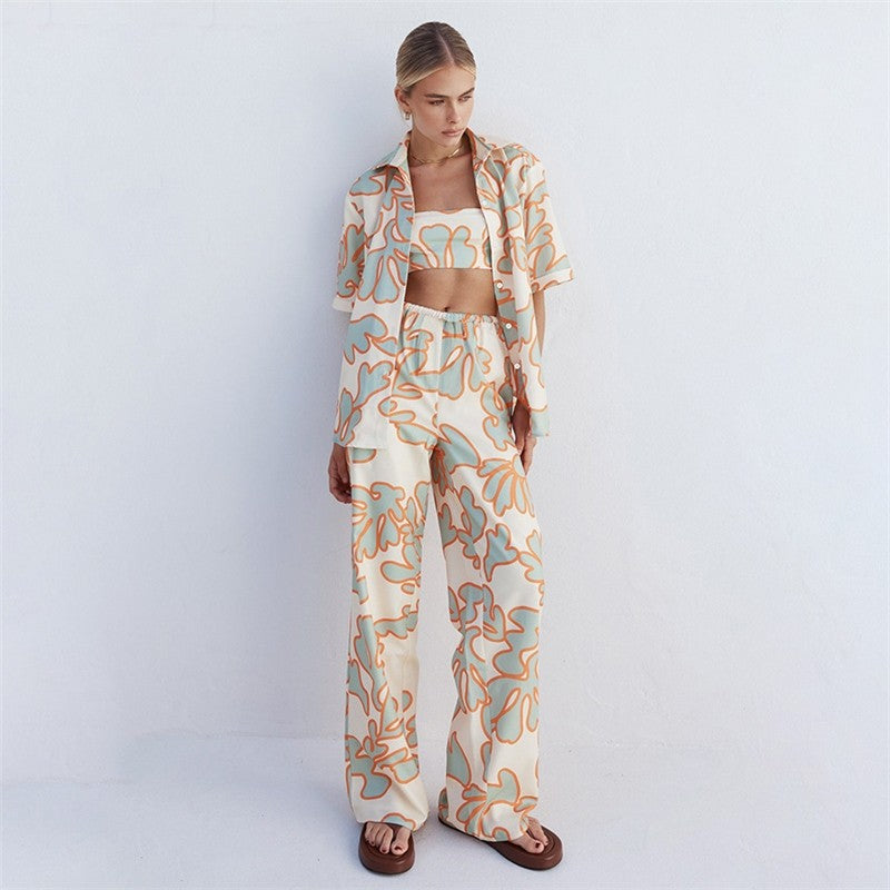 Printed Vest and Open Cardigan Lounge Wear Set with Long Pants