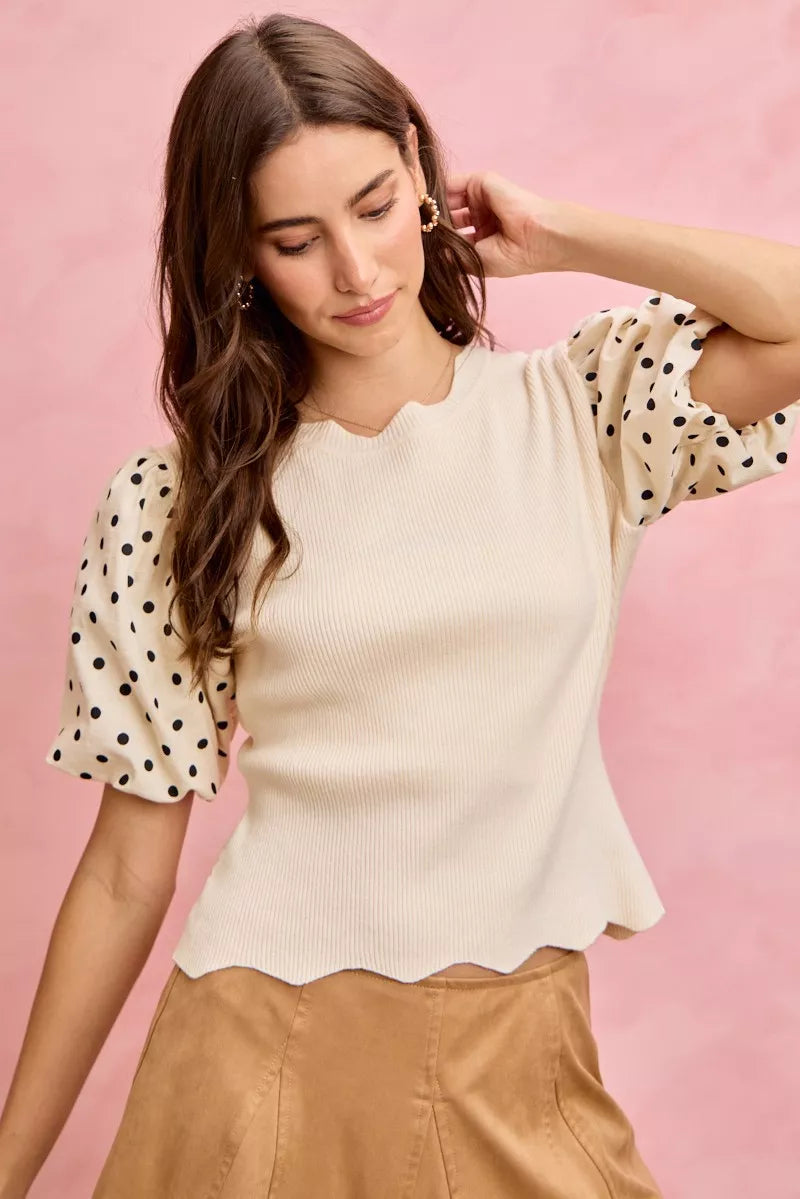 Polka Dot Contrast Woven Ballon Sleeve Blouse