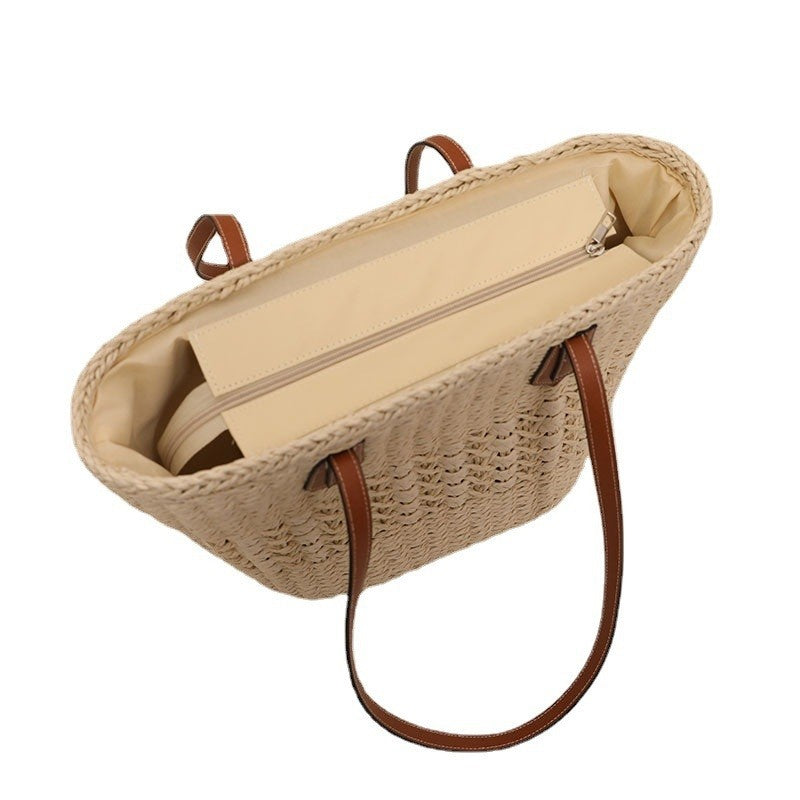 Straw Woven Tote with Hollow-Out Design and Spacious Interior