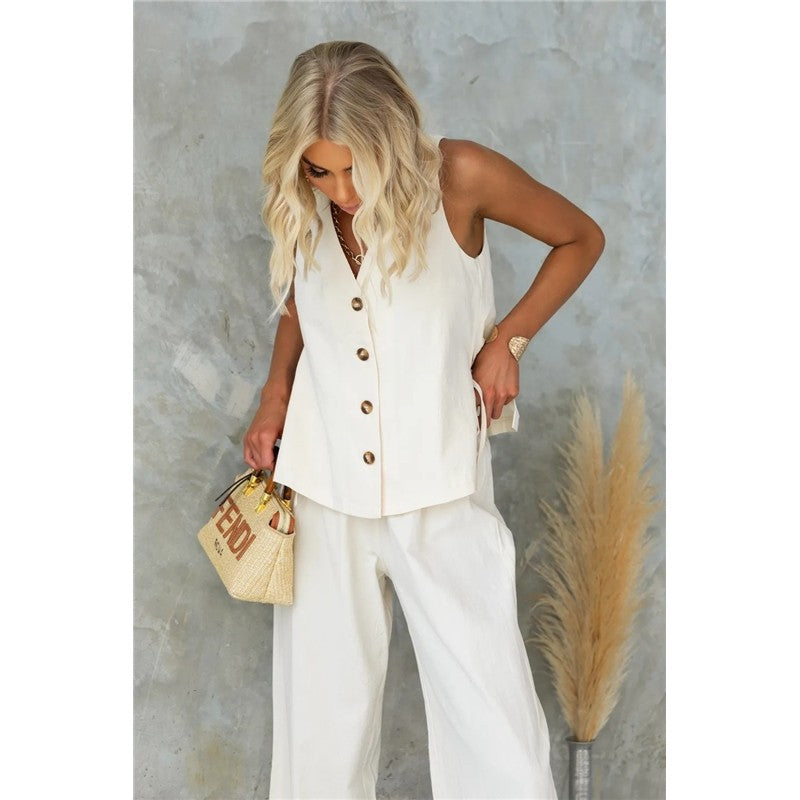 Single Breasted Sleeveless Vest and Trousers Set in Solid Color