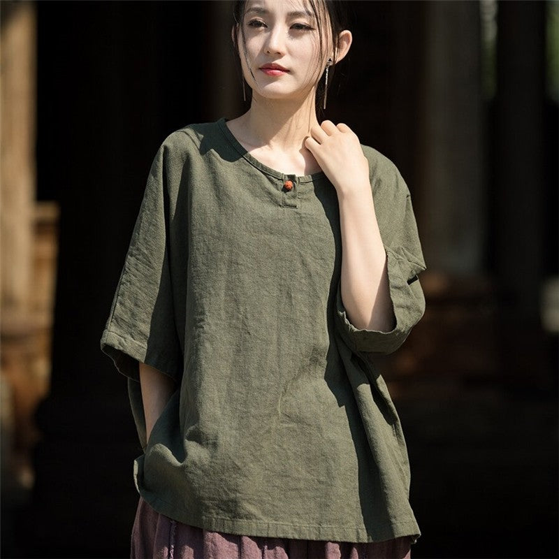 Plain Color Pullover Buckle Short Sleeve T-Shirt