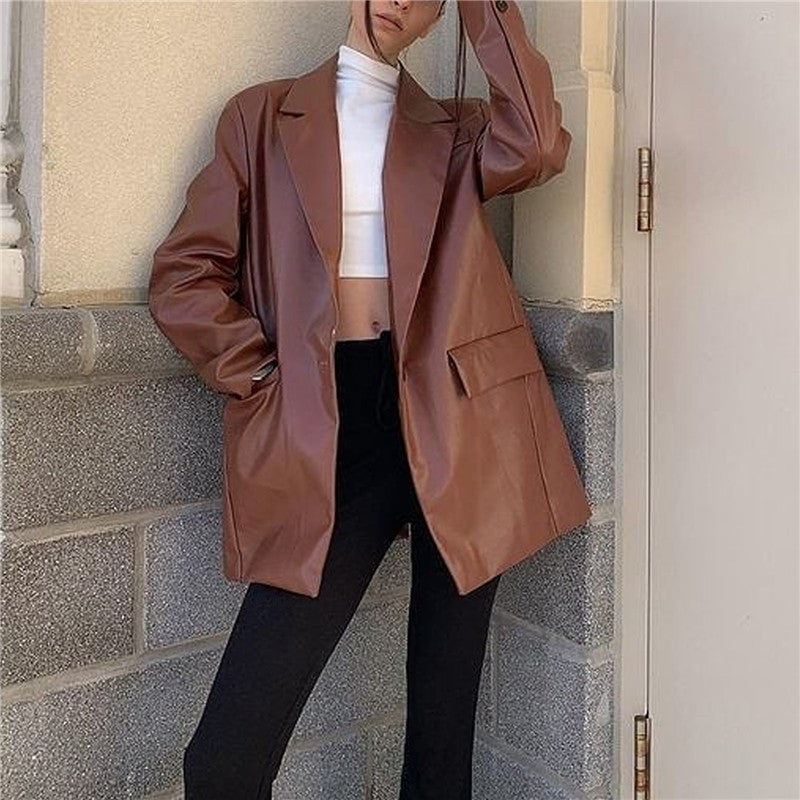 Solid Color Medium Length Leather Jacket