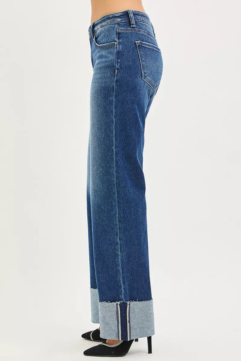 Mid Rise Wide Straight Jeans With Wide Cuff