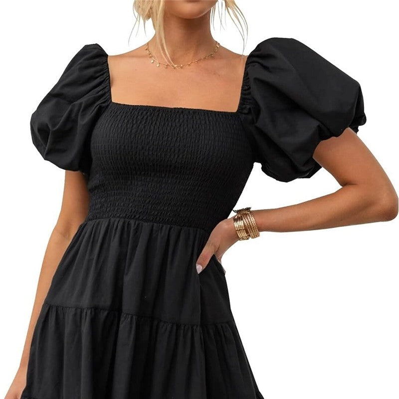 Square Neck Off-Shoulder Bubble Sleeve Dress