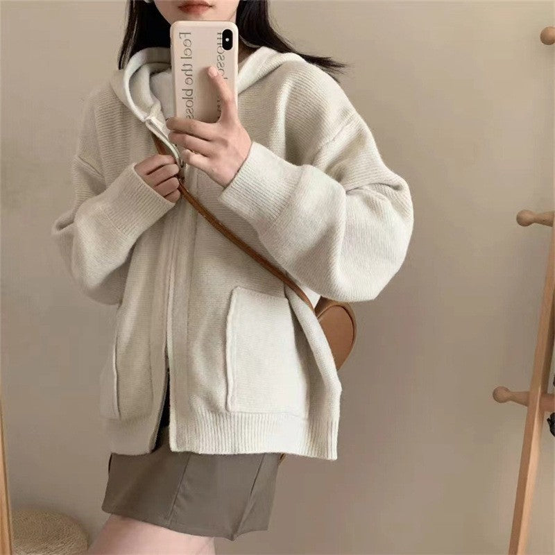 Solid Color Long Sleeve Hooded Zipper Pockets Casual Loose Cardigan Sweater