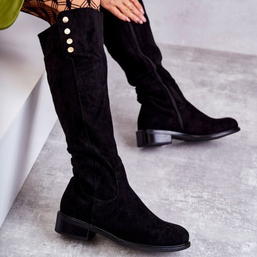 Women's Over-The-Knee Suede Boots | Low Heel Round Toe Side Zipper | Black Brown Khaki