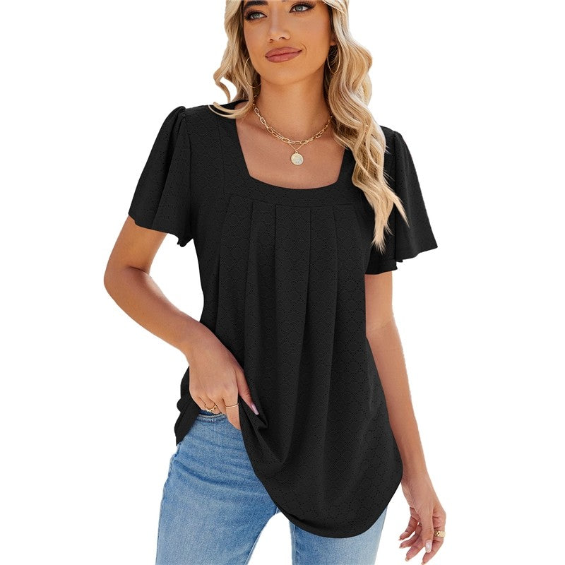 Solid Color V-Neck Pleated Short Sleeve Loose Fit T-Shirt