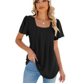 Solid Color V-Neck Pleated Short Sleeve Loose Fit T-Shirt