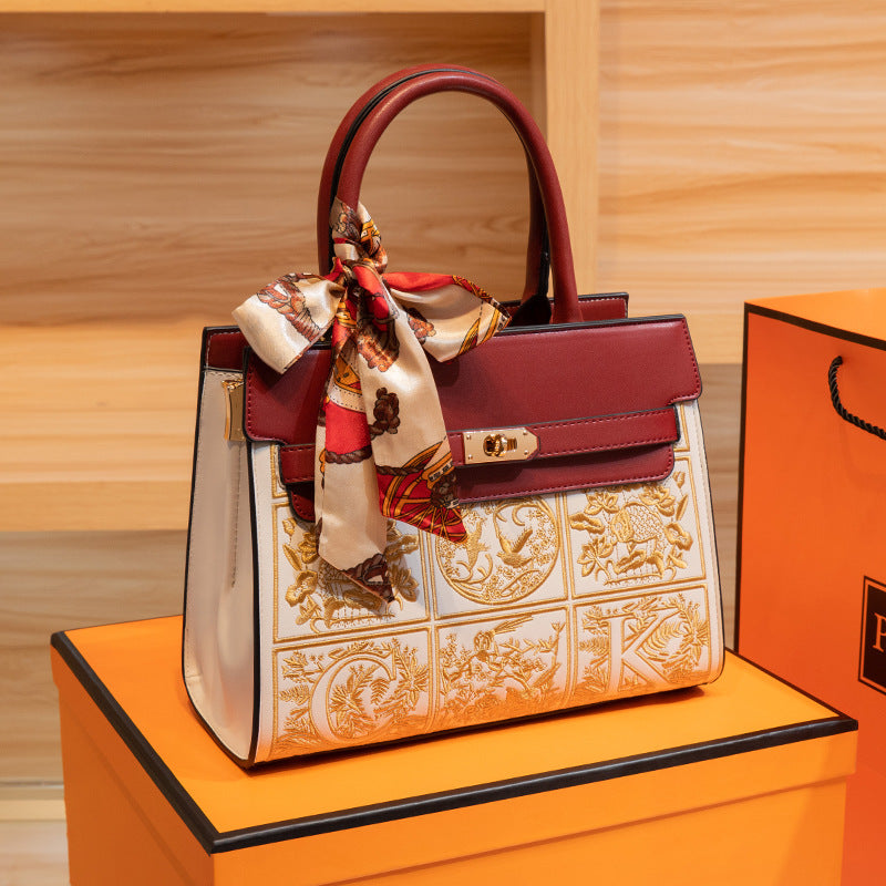 Embroidered Chinese-Style Crossbody Bag for Women - PU Leather Shoulder Bag with Zipper Closure