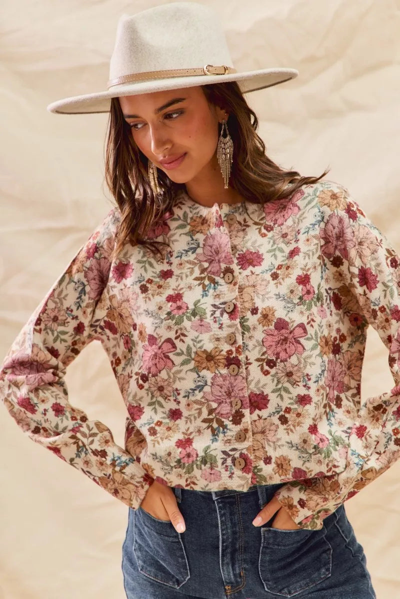 Floral Print Button Front Sweater Cardigan