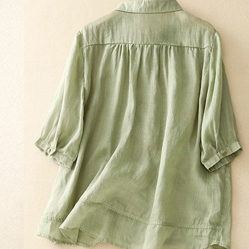 Solid Color Lapel Three-Quarter Sleeve Embroidery Retro Blouse