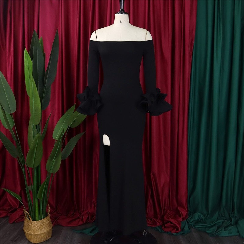 One-Shoulder Solid Color Evening Dress with Slit and Ruffle Sleeve