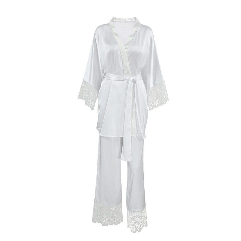 Tie-Waist Lace Robe and Pants Pajama Set