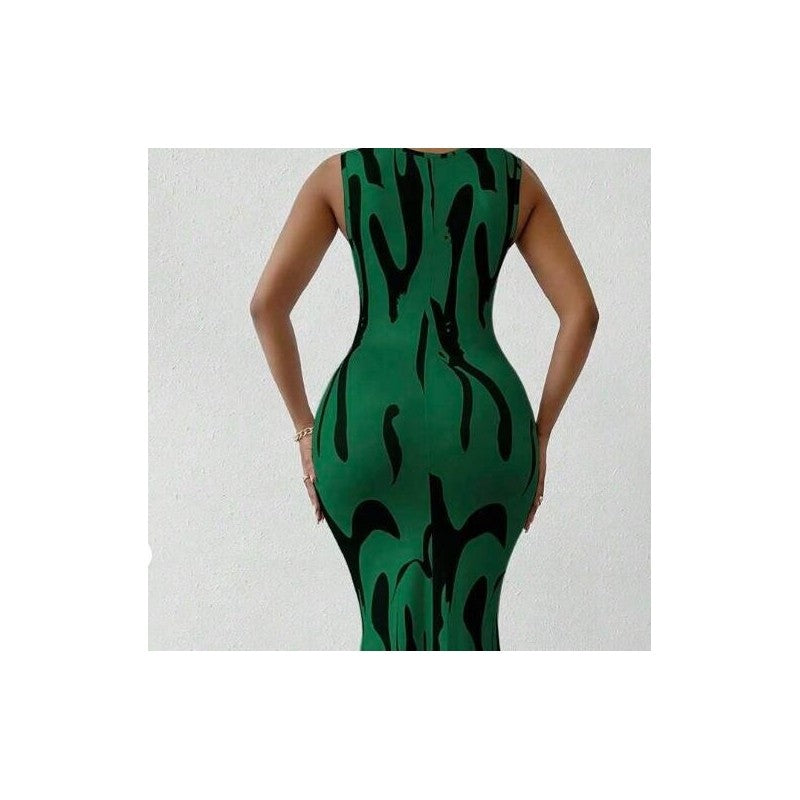Trendy Sleeveless V-Neck Printed Bodycon Dress