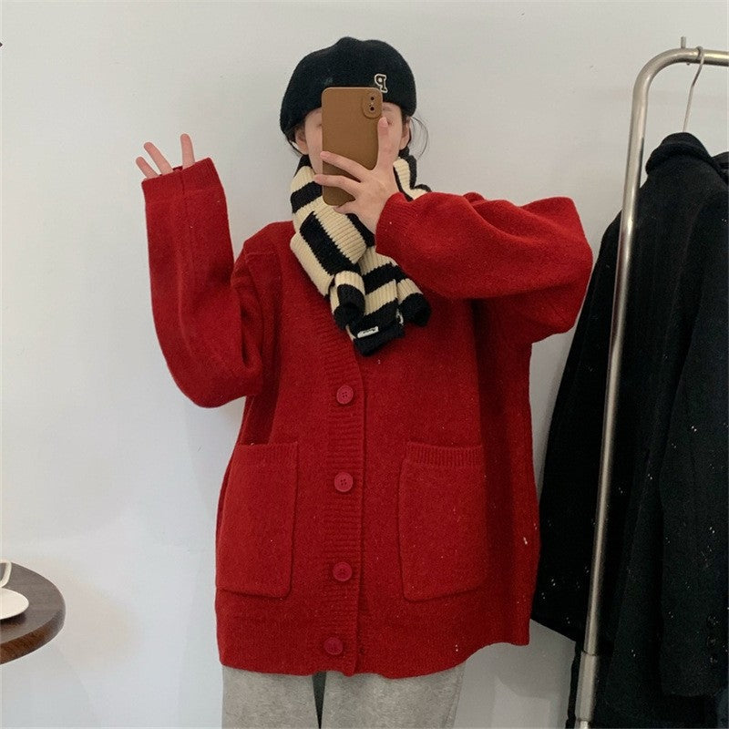 Solid Color Long Sleeve Large Pockets Casual Loose Knitted Cardigan