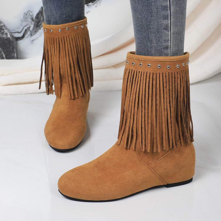 Women's Studded Tassel Mid-Calf Boots - Wedge Heel Suede Boots with Metal Accents