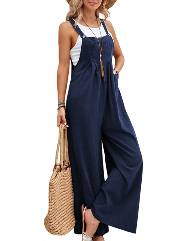 Loose Plus Size Pleated Split-Joint Spaghetti-Neck Overalls