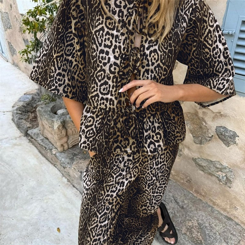 Leopard Print Cardigan and Shorts Lounge Set