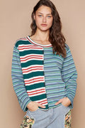 Color Block Striped Round Neck Long Sleeve T-Shirt