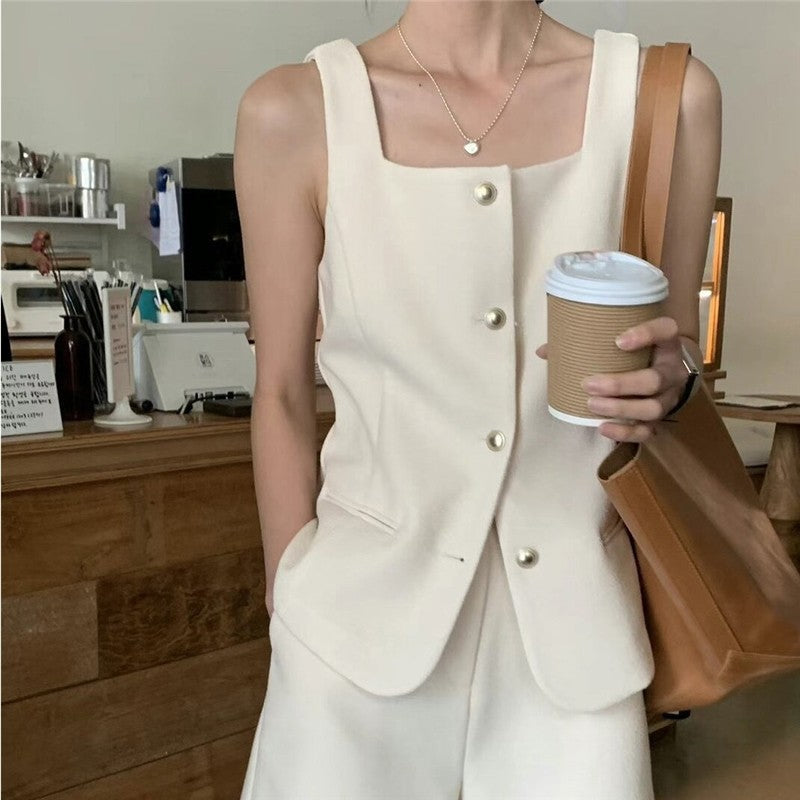 Solid Color V-Neck Vest and Shorts Set