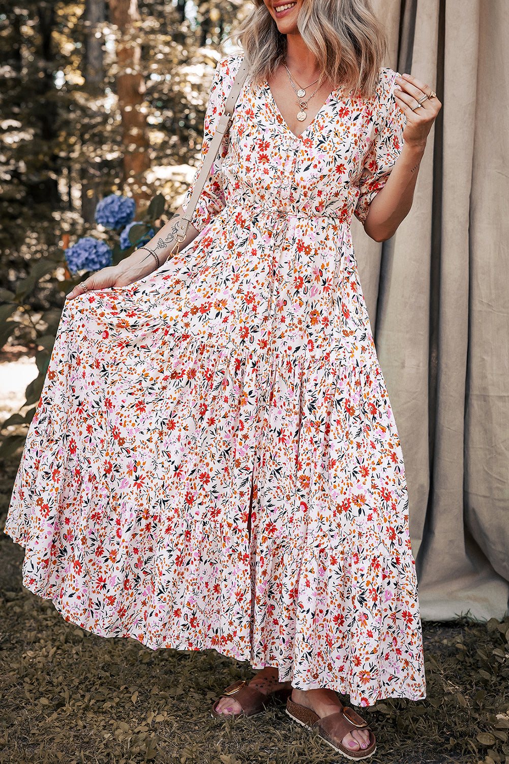 Red Boho Half Sleeve Floral V Neck Maxi Dress