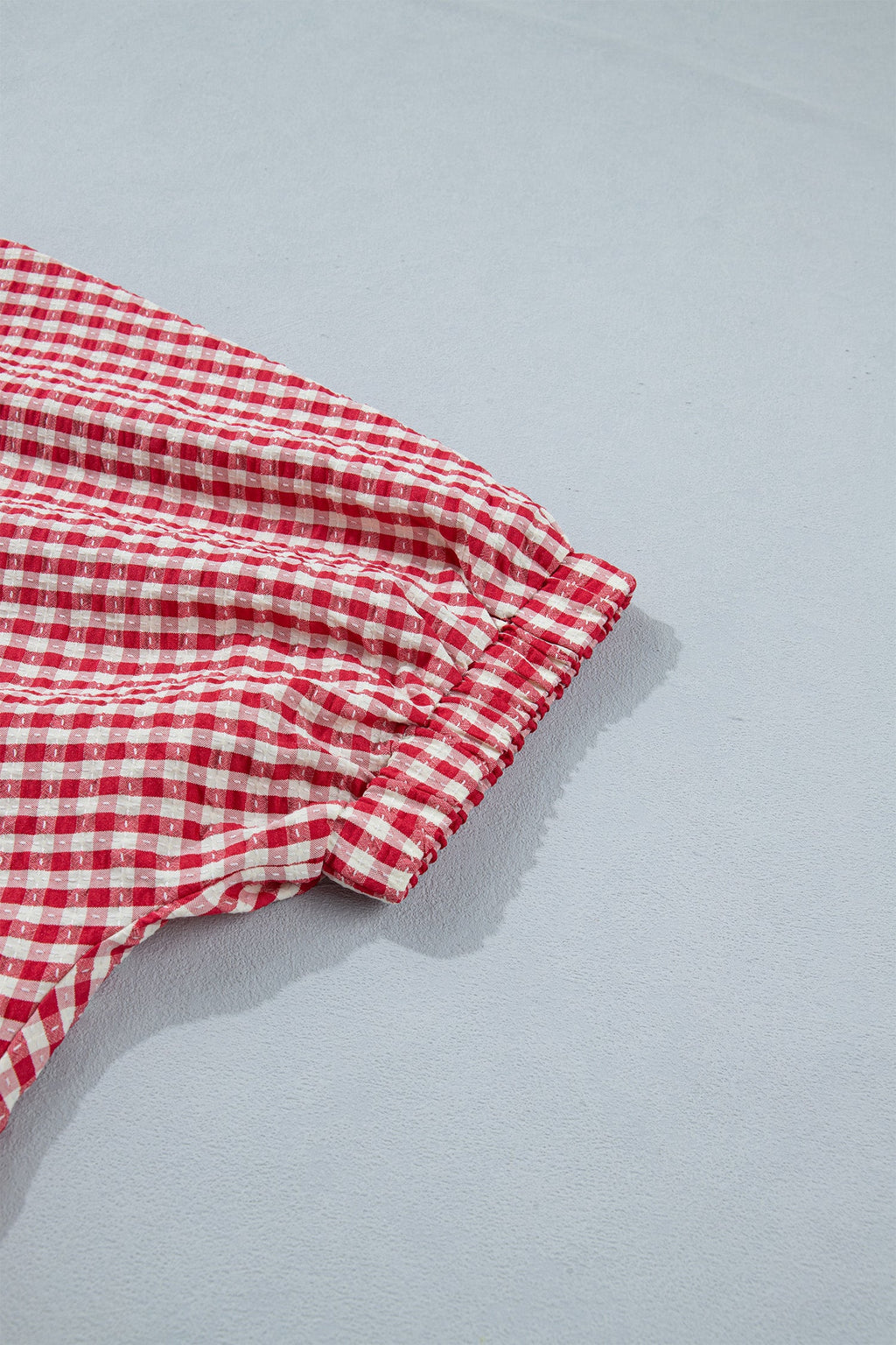 Red Plaid Short Sleeve Colorblock Trim Split Neck Blouse